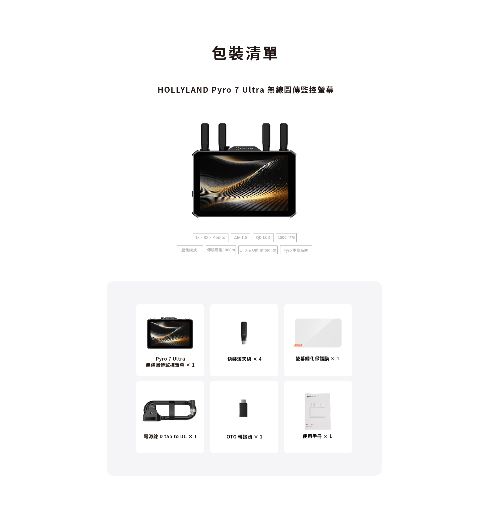 HOLLYLAND Pyro 7 Ultra 無線圖傳監控螢幕包裝清單,含主機、4 支快拆天線、螢幕保護膜、D-Tap 轉 DC 電源線、OTG 轉接頭與使用手冊